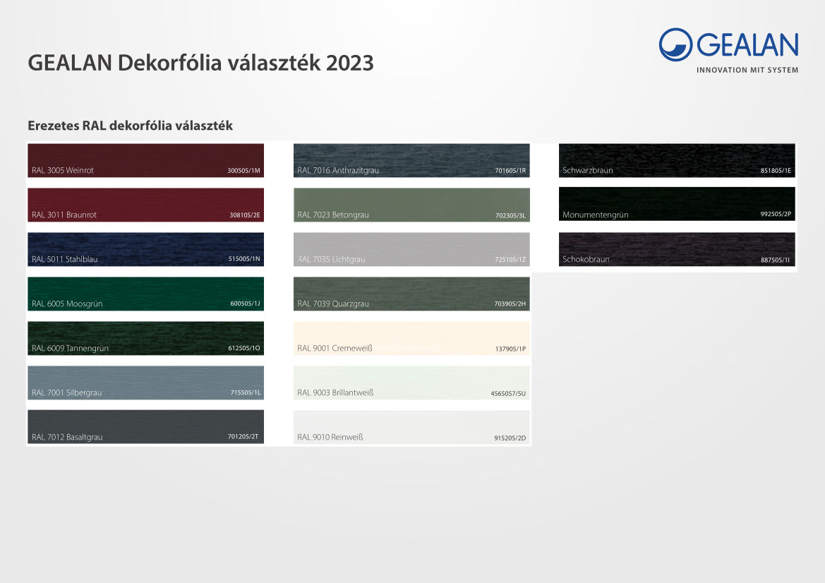 GEALAN Dekorfólia színválaszték, erezetes RAL 2023  